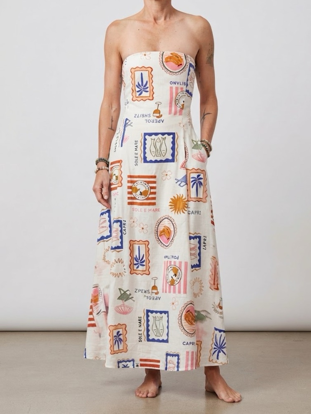 Paper Heart Positano Aperol Spritz Travel Print Strapless Maxi Dress Size M